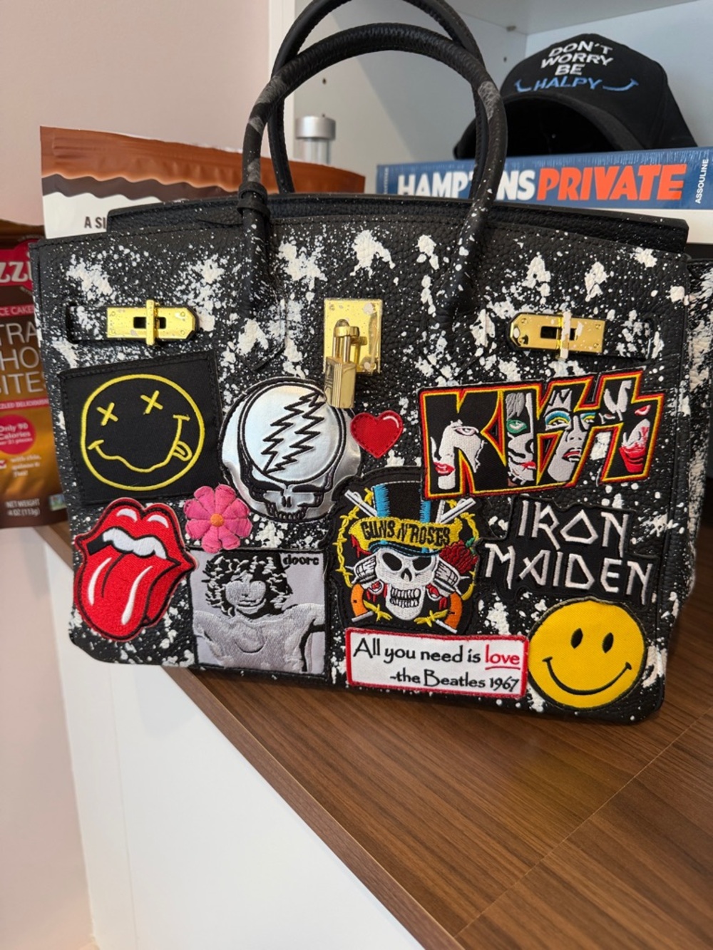 Black Patchwork Statement Tote Bag with Gold Hardware